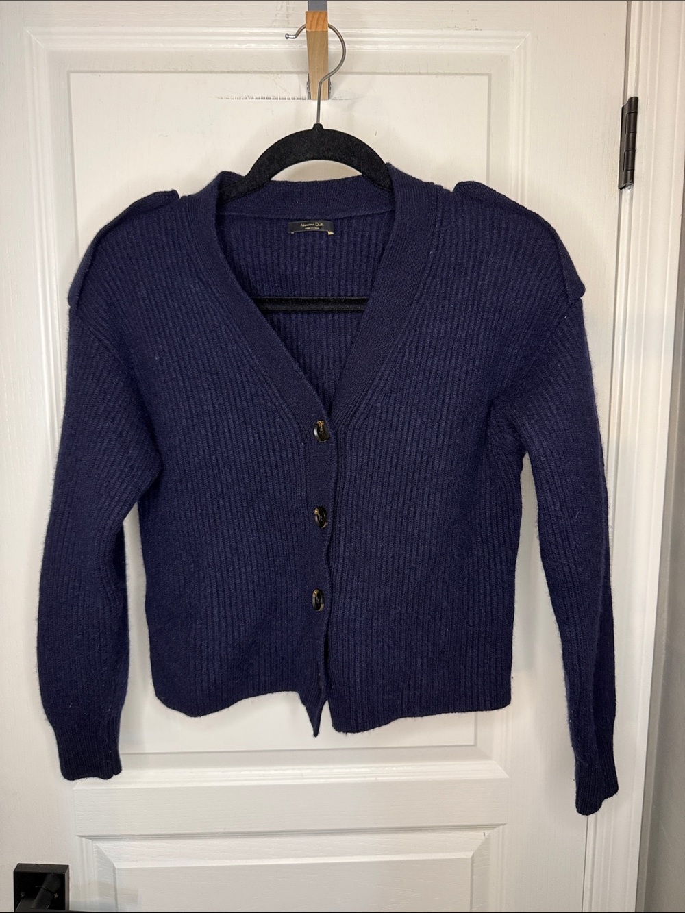 Massimo Dutti Deep Navy Ribbed V-Neck Button Cardigan